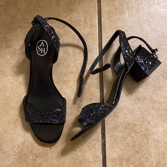 ASH Black Sequin Wraparound Ankle Heeled Sandals - Picture 1 of 5